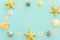 nautical concept seashells and starfish over mint blue wooden background