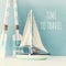 nautical concept with white decorative sail boat and wooden oars over blue background.