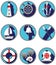 Nautical elements I icons in knotted circle including boat bell, boat, oars, rudder, vintage diving mask, life ring, light house,