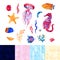 Nautical elements, sea life, fish, seahorse, starfish, coral, algae. Watercolor illustration, isolated on white