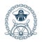 Nautical Emblem with Captain Hat and Navigation Wheel. Vector Illustration