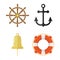 Nautical icons set. Lifebuoy, anchor, steering wheel, ship bell.