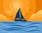 Nautical illustration, a lonely sailboat and seagulls on a sunset background. Yellow and blue colors. Wall art