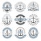 Nautical logo. Marine labels with anchors symbols for ocean exploration business identity set recent vector templates