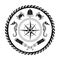 Nautical Marine circle black and white poster. Cartoon style