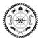 Nautical Marine circle black and white poster. Cartoon style with grunge effects