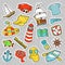 Nautical Marine Life Doodle with Fish, Submarine and Boat. Stickers, Badges and Patches