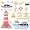 Nautical navy boats, anchor, wheel marine and ocean theme design elements set for baby showers, birthdays, invitations