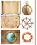 Nautical objects rope, maps, compass, steering wheel and porthole 3d illustration