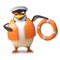 Nautical sailing penguin in lifejacket and captain hat holds a life ring, 3d illustration