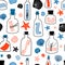 Nautical seamless pattern with message in a bottle