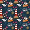 Nautical seamless pattern with ships and lighthouse. Kids hand drawn print. illustration