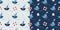 Nautical seamless patterns set with cute boats, seagull and life buoy, doodle style