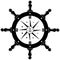 Nautical Steering wheel symbol with compass rose, anchor and Moon phases in black as vector on isolated white background.