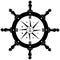 Nautical Steering wheel symbol with compass rose and German East description, anchor and Moon phases in black as vector on isolate