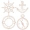 Nautical symbols - steering wheel, anchor, lifebuoy, compass. Hand drawn colored sketch