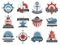 Nautical templates set marine labels sea badges anchor design emblems graphics vector illustration.