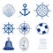 Nautical templates set marine labels sea badges anchor design emblems graphics vector illustration.