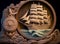 Nautical Theme Artwork with Wooden Ship and Rope Frame