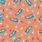 Nautical theme seamless pattern with sailboat, fishes and stork on orange background.