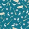 Nautical theme seamless pattern with sailboat, fishes and stork on sea blue background.