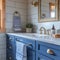 Nautical-themed bathroom with navy stripes and brass fixtures