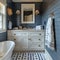 Nautical-themed bathroom with navy stripes and brass fixtures