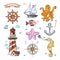 Nautical vector doodle design set with sea star, octopus, sailboat, anchor, compass and lighthouse