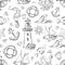 Nautical vector doodle seamless pattern with sea animals, sailboat and anchor