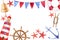 Nautical watercolor card with flags, starfishes, anchor, lighthouse, marine bell, knot, steering wheel and lifebuoy on white