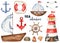 Nautical watercolor set with lighthouse, ship, anchor, helm, lifebuoy