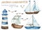 Nautical watercolor set with a lighthouse, ships, rope, seagulls