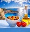 Navagio beach with Greek still-life in Zakynthos, Greece