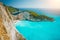 Navagio beach or Shipwreck bay with turquoise water and pebble white beach. Famous landmark location. overhead landscape