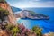 Navagio beach with shipwreck and flowers against sunset on Zakynthos island in Greece