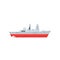 Naval armed ship with radar and antenna. Military boat with big cannon. Large army ship. Side view. Flat vector design