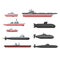 Naval combat ships set, military boats, ships, submarine vector Illustrations