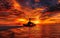 A naval vessel sails the calm ocean under a stunning sunset with a silhouetted airplane overhead. The scene encapsulates