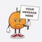 Navel Orange cartoon mascot character with cheerless face and holding a message board