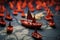 Navigating success Red leader boat steers paper fleet on global map, depicting effective leadership