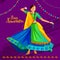 Navratri a girl playing Dandiya in disco Garba Night banner. With colourful background and diyas.