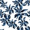 Navy Banana Leaf Garden. Blue Isolated Garden. Indigo Seamless Garden. Azure Pattern Print. Cobalt Watercolor Background. Tropical