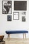 Navy blue bench against white wall with gallery of posters in living room interior. Real photo