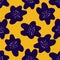 Navy blue doodle creative seamless pattern with flower silhouettes. Yellow background. Bright flora print