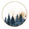 Navy blue gold pine trees forest frame, hand painted watercolor background. Winter wild landscape golden border