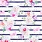 Navy blue striped seamless vector print in purple, pink and white tones with bows