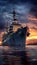 Navy Destroyer in high seas on the ocean at night with a full moon