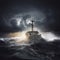 Navy Destroyer in high seas on the ocean at night with a full moon