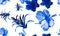 Navy Hibiscus Illustration. Blue Flower Decor. Azure Seamless Illustration. Indigo Watercolor Design. Pattern Leaves. Tropical Set