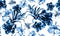 Navy Hibiscus Painting. Indigo Flower Design. Blue Seamless Background. Azure Watercolor Decor. Pattern Palm. Tropical Decor. Exot